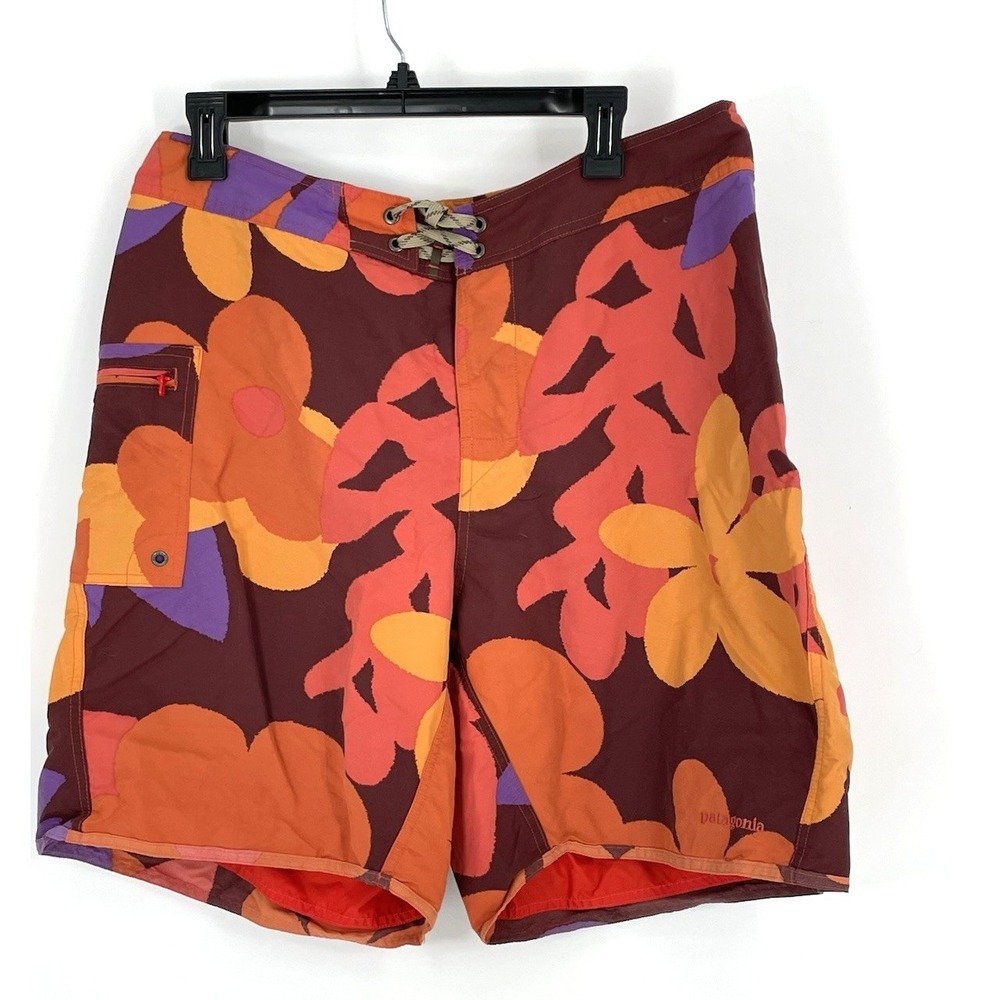 Patagonia Mens Orange Purple Floral 9" Paddler Board Shorts Swimsuit Trunks 35